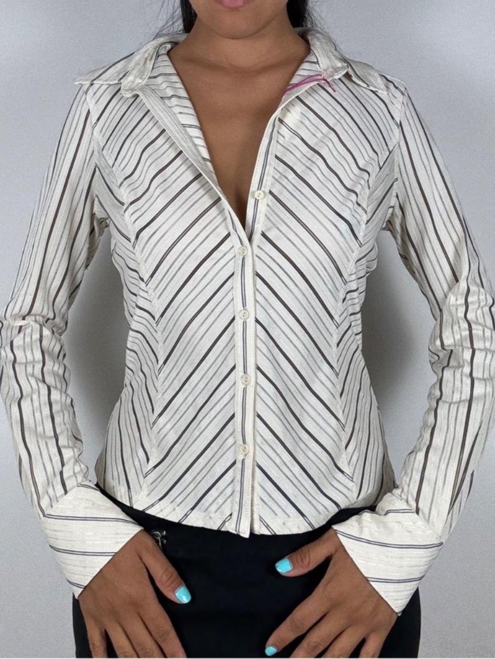Y2K express black & white diagonal striped button up blouse - Picture 1 of 3